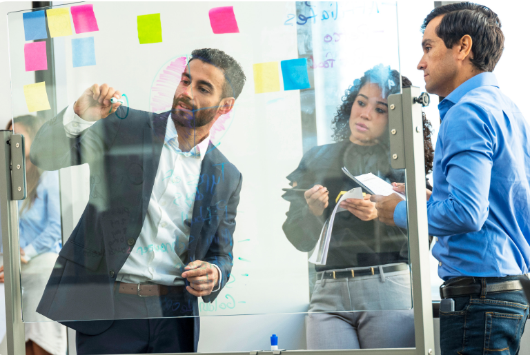Team meeting at a glass board as leaders collaborate on priorities and strategy to build leadership clarity and alignment for the year ahead.
