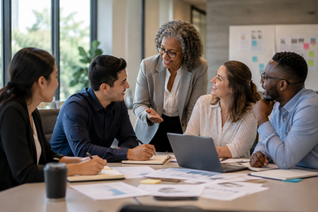 Local government employees collaborating and developing future leadership skills